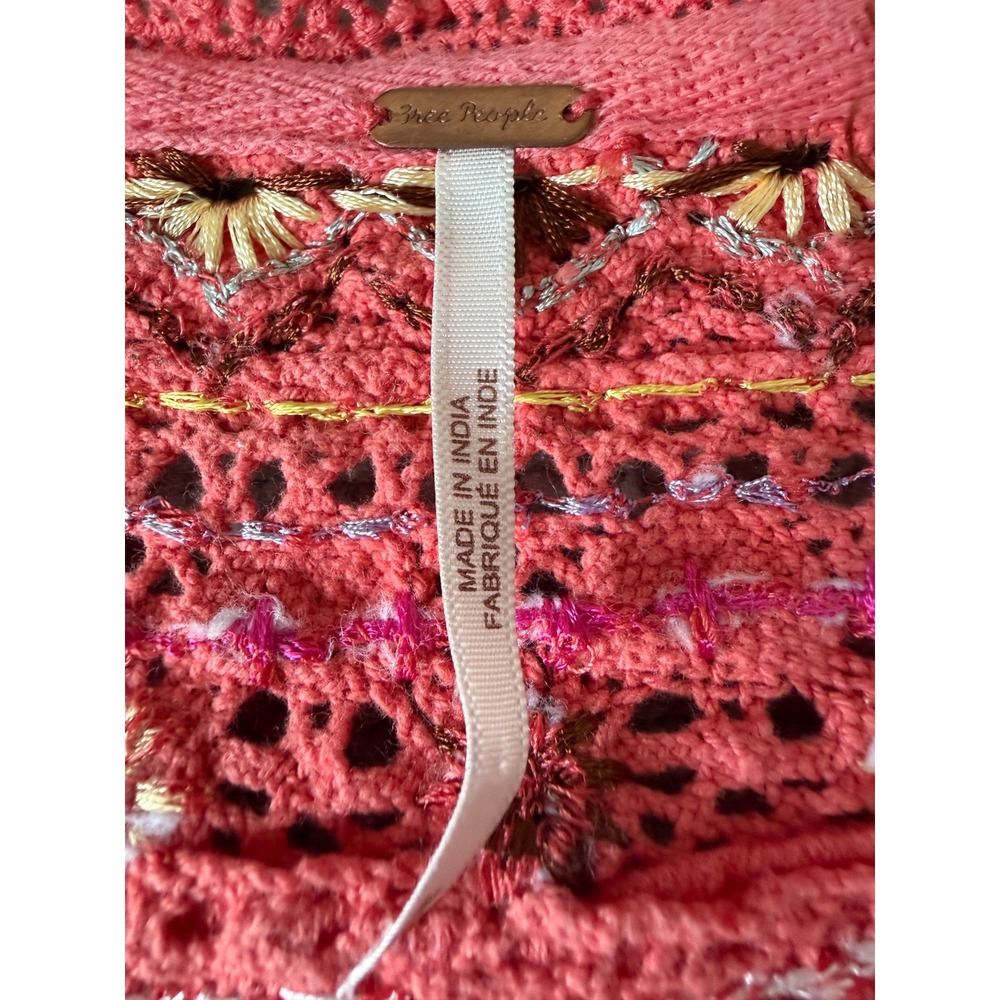 Free People Coral Pink Crochet Embroidered Henley Boho Long Sleeve Top Women M - Picture 8 of 15
